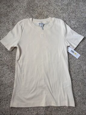 DKNY Cream Ribbed Short Sleeve Tee with Subtle Embroidered Logo